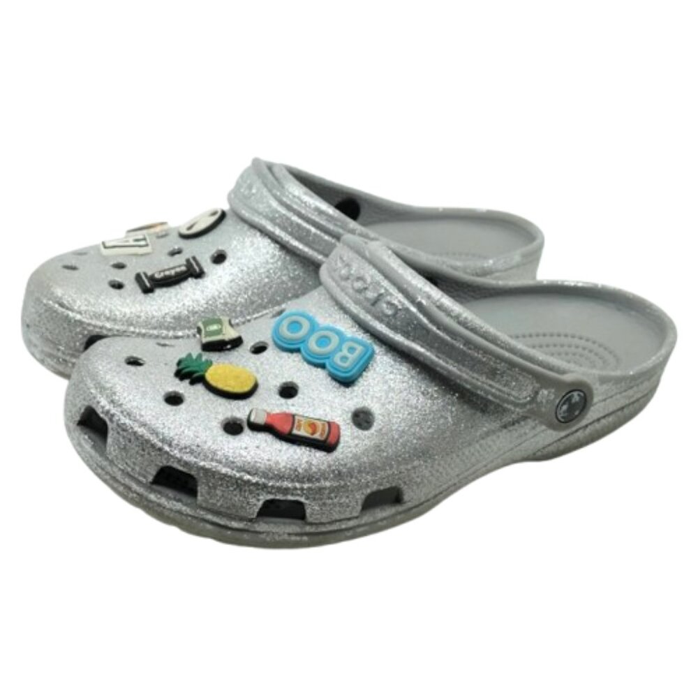 CROCS~Adult Classic Glitter Clog Shoes ~in SILVER w/JIBBITZ Sz 10